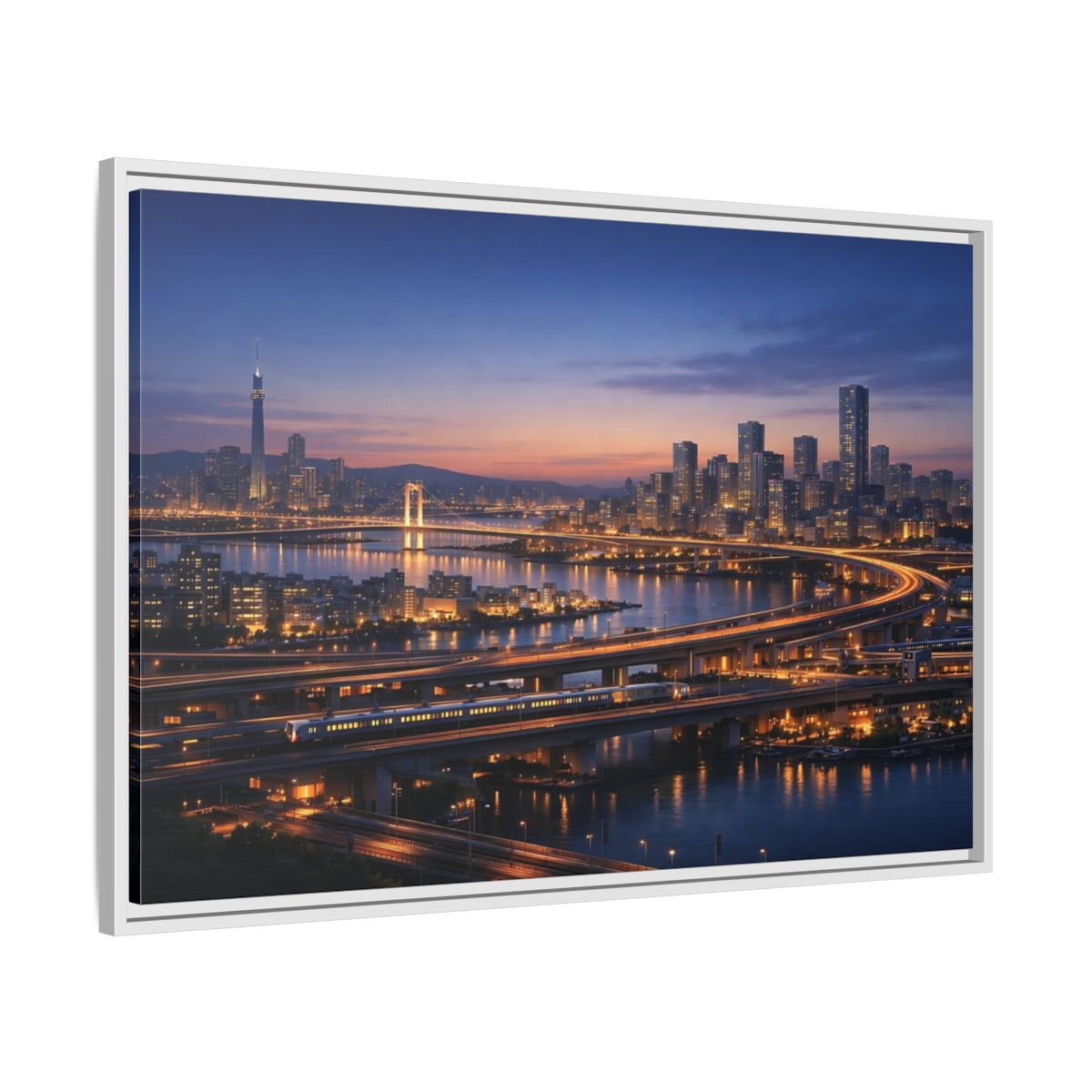 Side Mockup 9. Abstract City Skyline Vibrant City Night shown as stretched canvas wall art