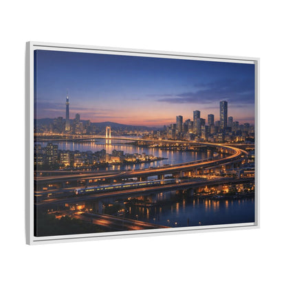 Side Mockup 9. Abstract City Skyline Vibrant City Night shown as stretched canvas wall art
