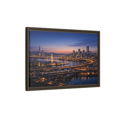 Side Mockup 2. Abstract City Skyline Vibrant City Night shown as stretched canvas wall art