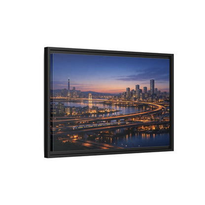 Side Mockup 3. Abstract City Skyline Vibrant City Night shown as stretched canvas wall art