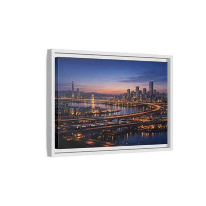 Side Mockup 4. Abstract City Skyline Vibrant City Night shown as stretched canvas wall art