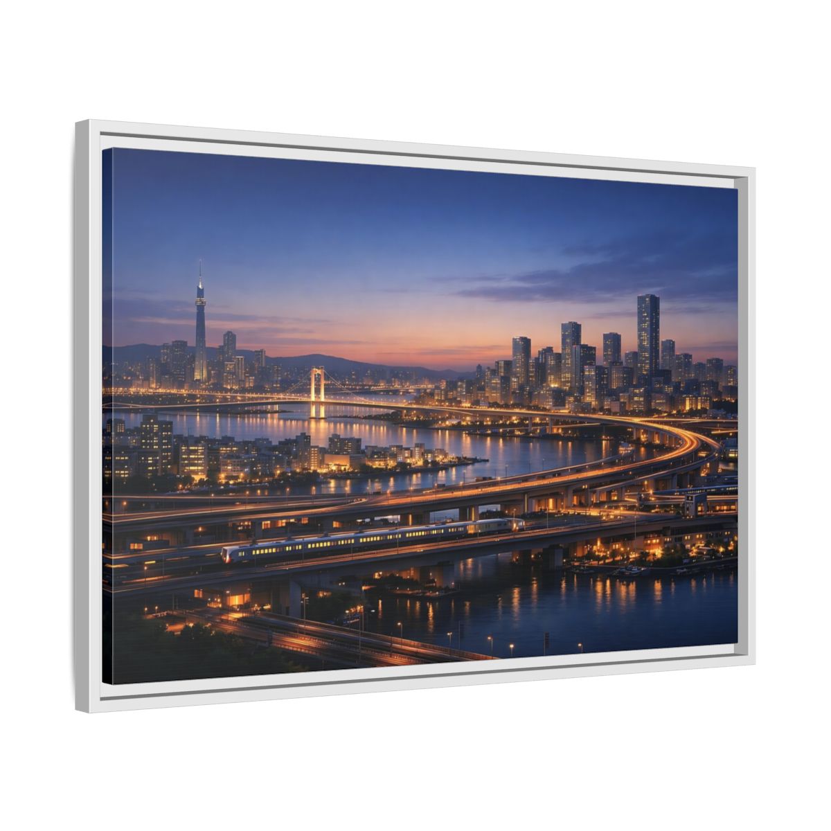 Side Mockup 10. Abstract City Skyline Vibrant City Night shown as stretched canvas wall art