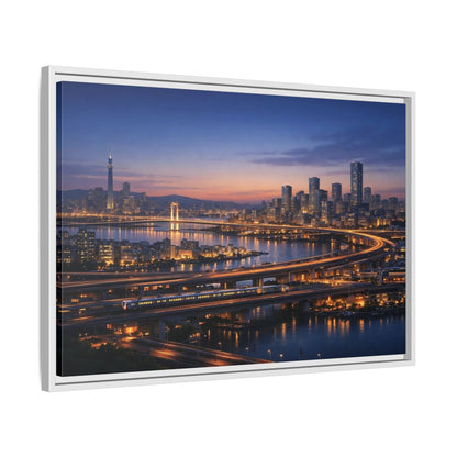 Side Mockup 10. Abstract City Skyline Vibrant City Night shown as stretched canvas wall art