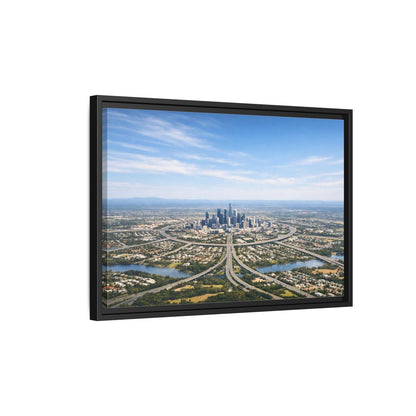 Side Mockup 3. Abstract Cityscape Blue Green City shown as stretched canvas wall art