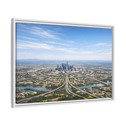 Side Mockup 10. Abstract Cityscape Blue Green City shown as stretched canvas wall art