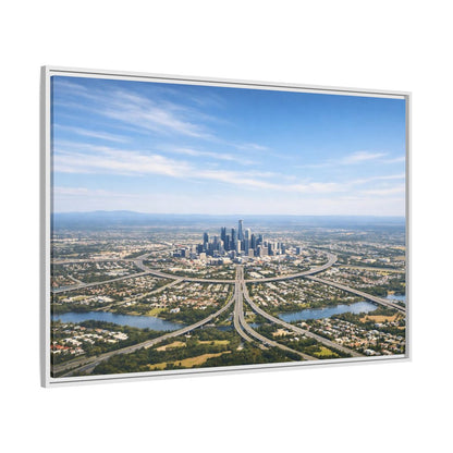 Side Mockup 7. Abstract Cityscape Blue Green City shown as stretched canvas wall art
