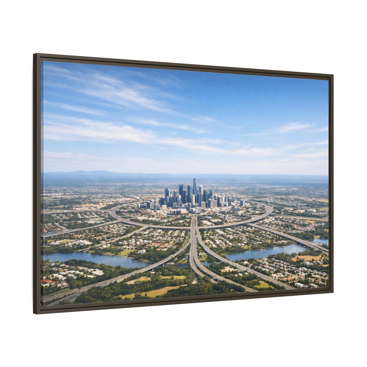 Side Mockup 8. Abstract Cityscape Blue Green City shown as stretched canvas wall art