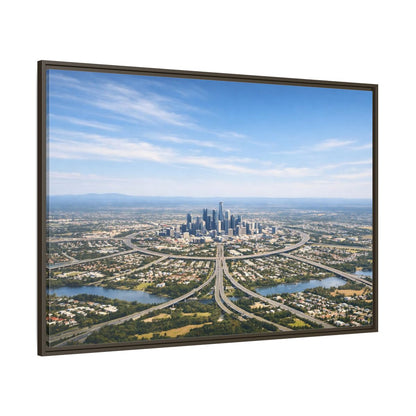 Side Mockup 8. Abstract Cityscape Blue Green City shown as stretched canvas wall art