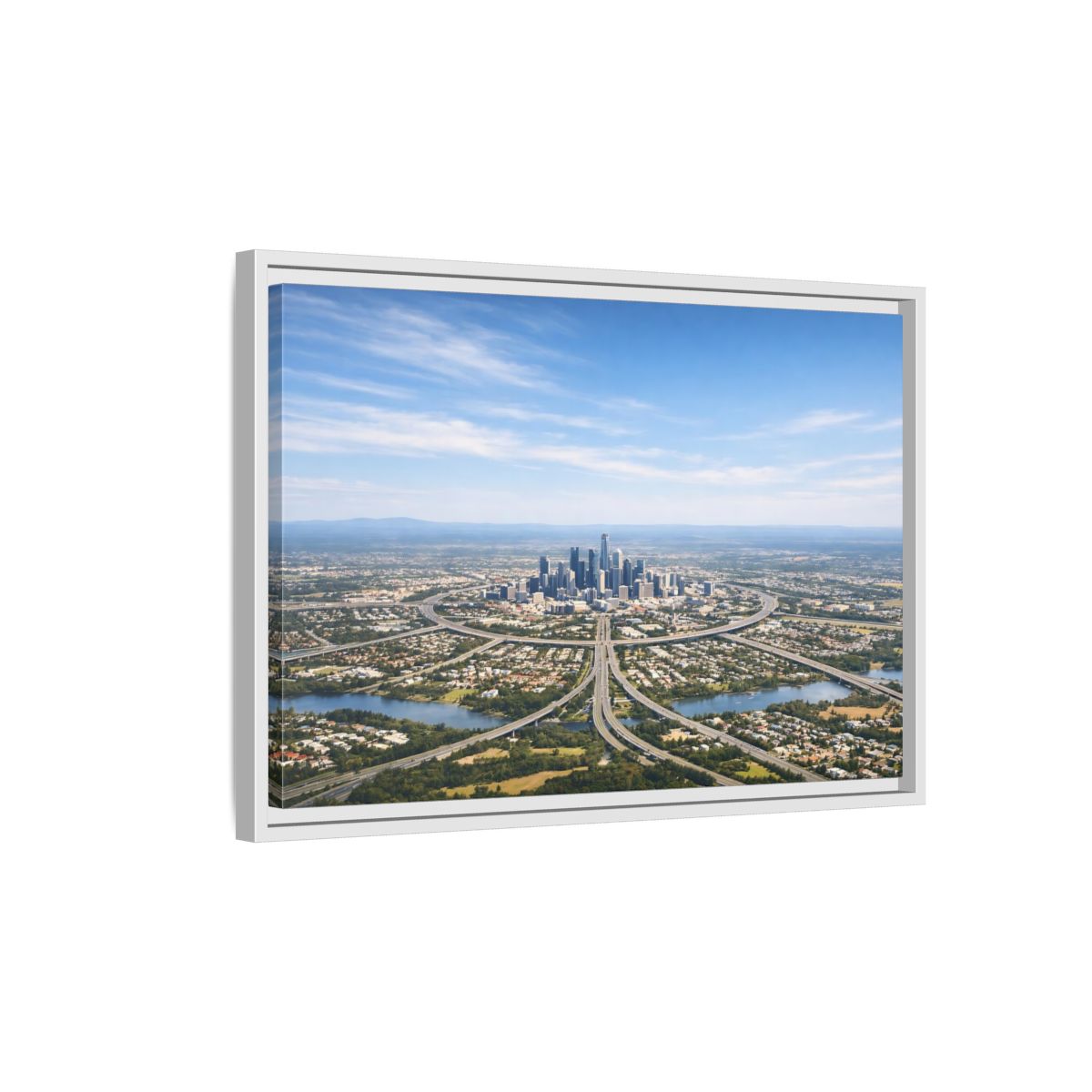 Side Mockup 1. Abstract Cityscape Blue Green City shown as stretched canvas wall art