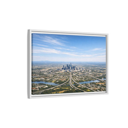Side Mockup 1. Abstract Cityscape Blue Green City shown as stretched canvas wall art