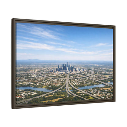 Side Mockup 11. Abstract Cityscape Blue Green City shown as stretched canvas wall art