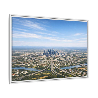 Side Mockup 9. Abstract Cityscape Blue Green City shown as stretched canvas wall art