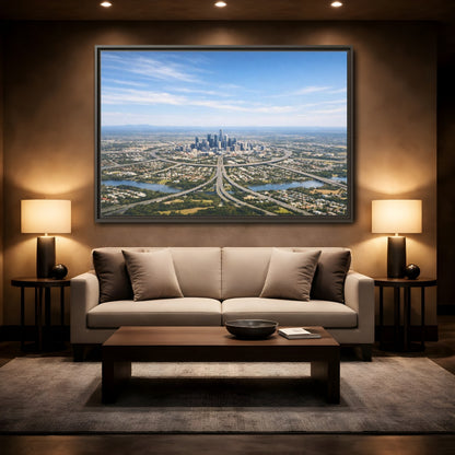 Mockup 2. Abstract Cityscape Blue Green City shown as stretched canvas wall art