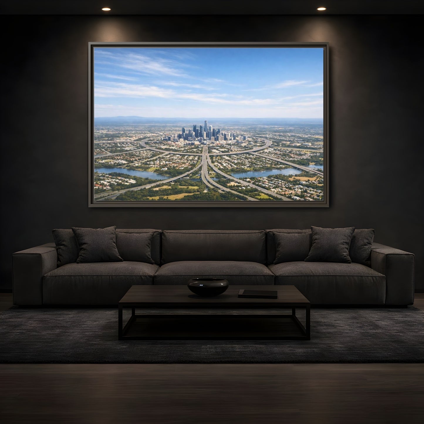 Mockup 3. Abstract Cityscape Blue Green City shown as stretched canvas wall art