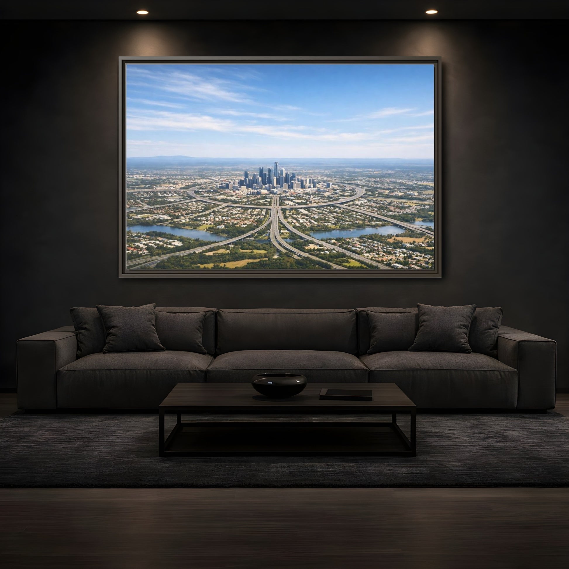 Mockup 3. Abstract Cityscape Blue Green City shown as stretched canvas wall art