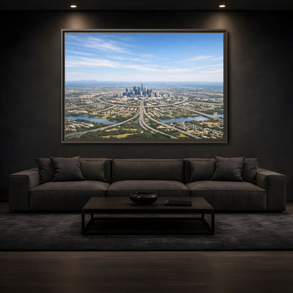 Mockup 3. Abstract Cityscape Blue Green City shown as stretched canvas wall art