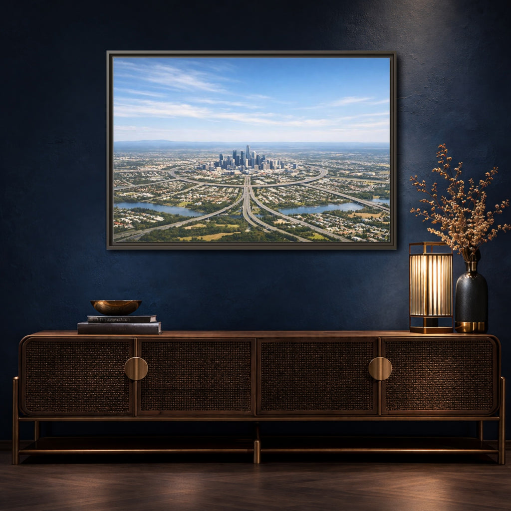 Mockup 4. Abstract Cityscape Blue Green City shown as stretched canvas wall art
