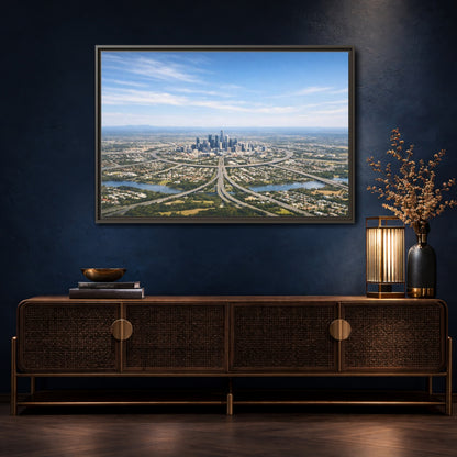 Mockup 4. Abstract Cityscape Blue Green City shown as stretched canvas wall art