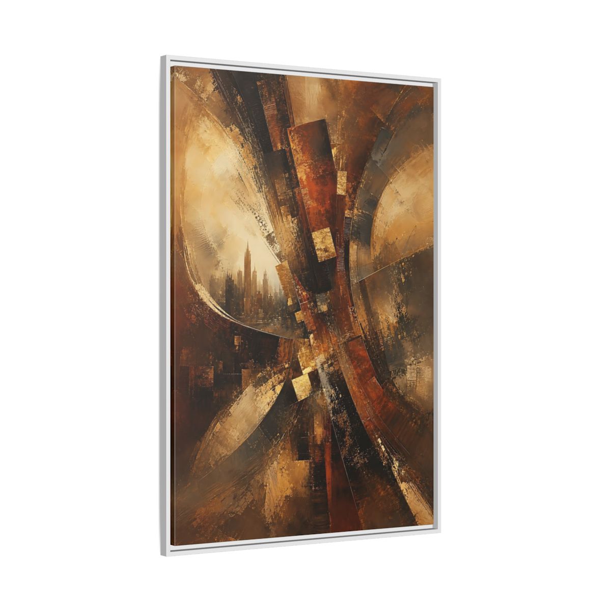 Side Mockup 7. Abstract Cityscape Brown And Gold shown as stretched canvas wall art