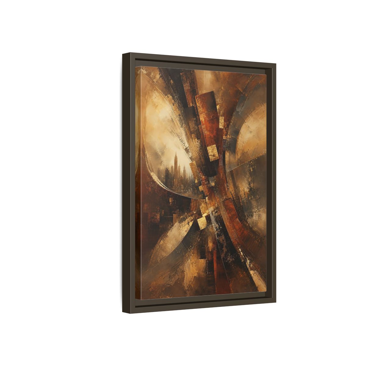 Side Mockup 5. Abstract Cityscape Brown And Gold shown as stretched canvas wall art