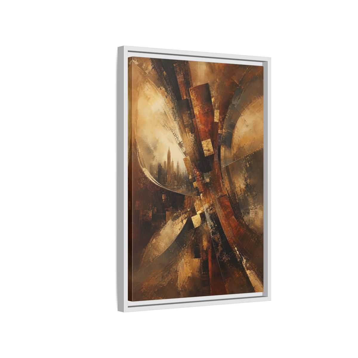 Side Mockup 1. Abstract Cityscape Brown And Gold shown as stretched canvas wall art