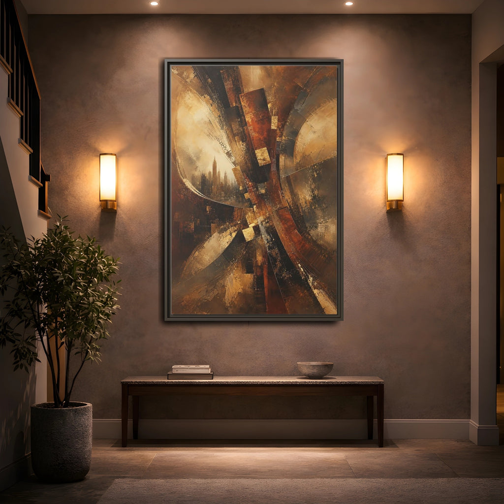 Mockup 2. Abstract Cityscape Brown And Gold shown as stretched canvas wall art