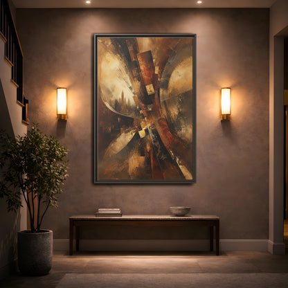 Mockup 2. Abstract Cityscape Brown And Gold shown as stretched canvas wall art