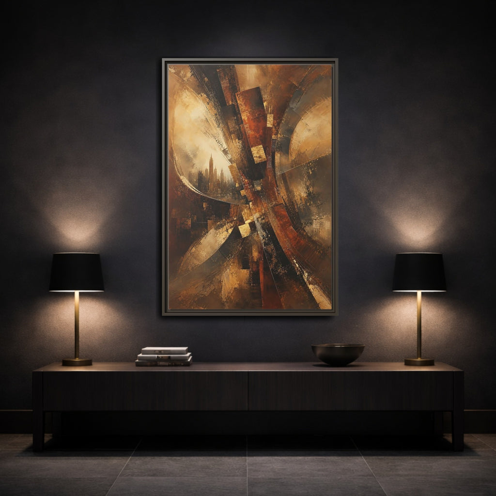 Mockup 3. Abstract Cityscape Brown And Gold shown as stretched canvas wall art