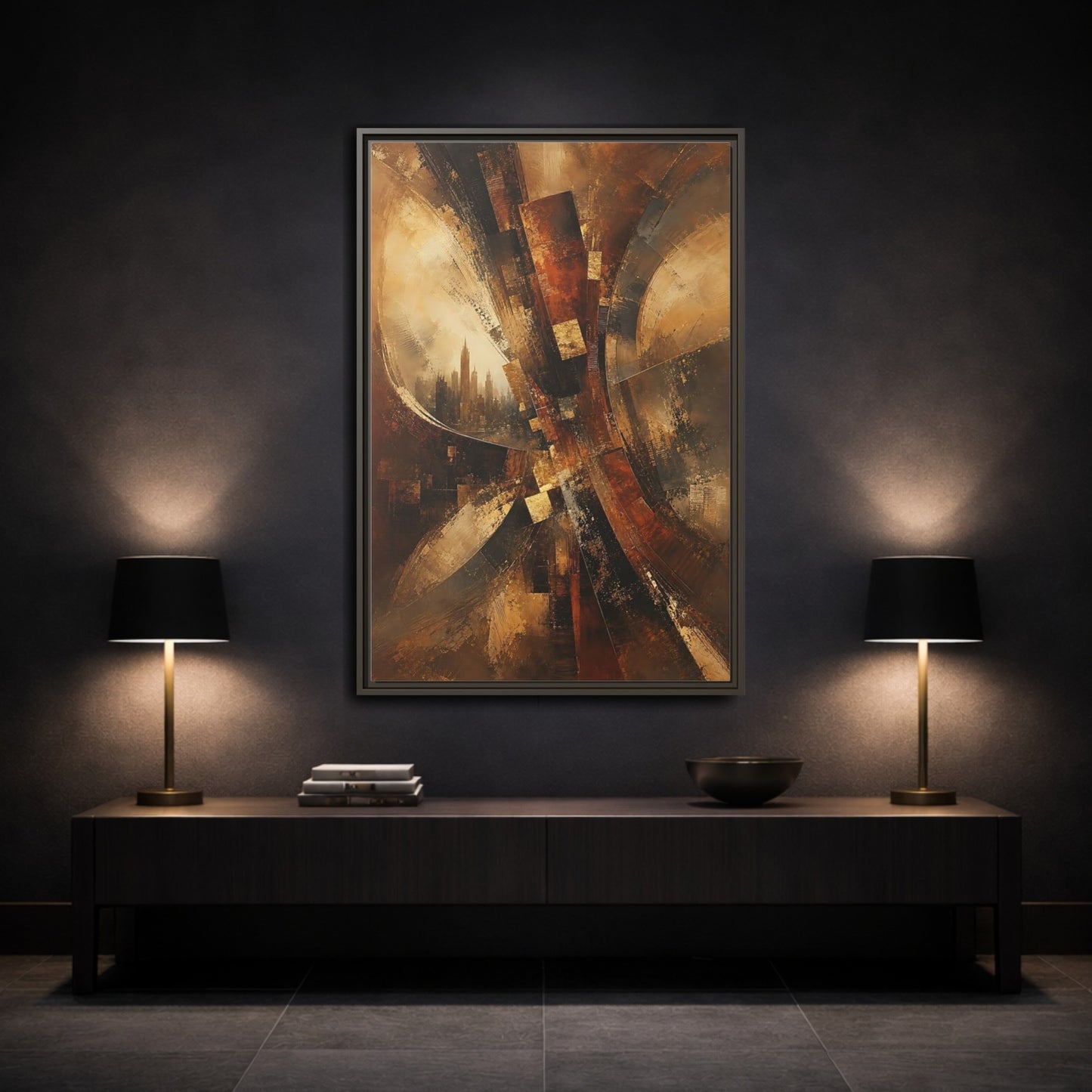 Mockup 3. Abstract Cityscape Brown And Gold shown as stretched canvas wall art
