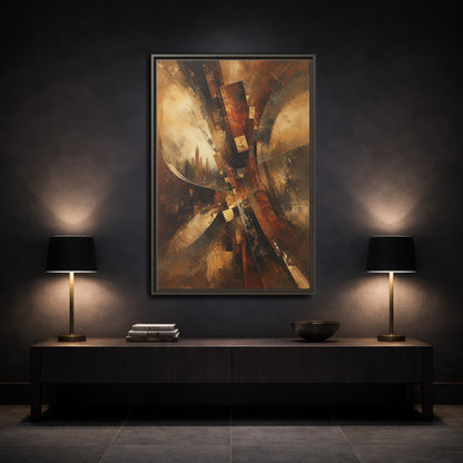 Mockup 3. Abstract Cityscape Brown And Gold shown as stretched canvas wall art