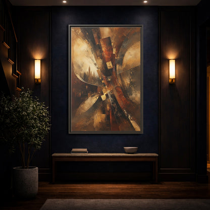 Mockup 4. Abstract Cityscape Brown And Gold shown as stretched canvas wall art