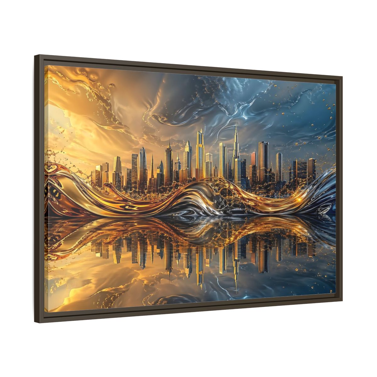 Main Mockup. Abstract Cityscape Gold And Blue Cityscape shown as stretched canvas wall art