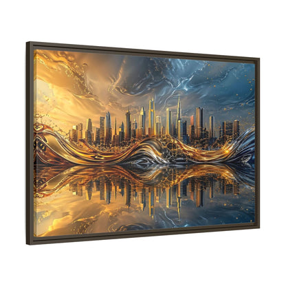 Main Mockup. Abstract Cityscape Gold And Blue Cityscape shown as stretched canvas wall art