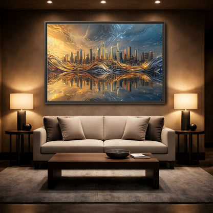 Mockup 2. Abstract Cityscape Gold And Blue Cityscape shown as stretched canvas wall art