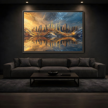 Mockup 3. Abstract Cityscape Gold And Blue Cityscape shown as stretched canvas wall art
