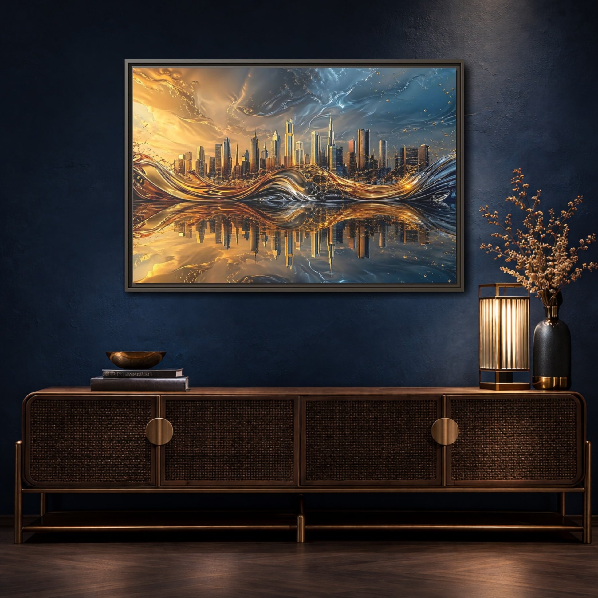 Mockup 4. Abstract Cityscape Gold And Blue Cityscape shown as stretched canvas wall art
