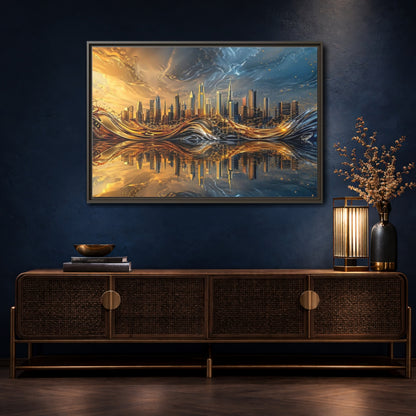 Mockup 4. Abstract Cityscape Gold And Blue Cityscape shown as stretched canvas wall art