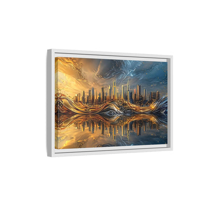 Side Mockup 4. Abstract Cityscape Gold And Blue Cityscape shown as stretched canvas wall art