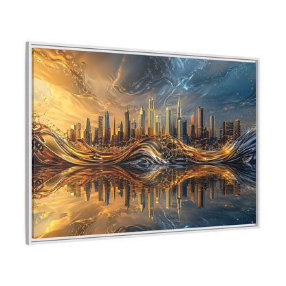 Side Mockup 7. Abstract Cityscape Gold And Blue Cityscape shown as stretched canvas wall art