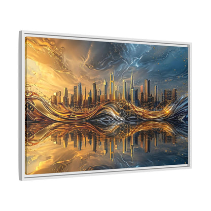 Side Mockup 9. Abstract Cityscape Gold And Blue Cityscape shown as stretched canvas wall art