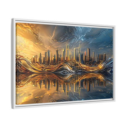Side Mockup 10. Abstract Cityscape Gold And Blue Cityscape shown as stretched canvas wall art
