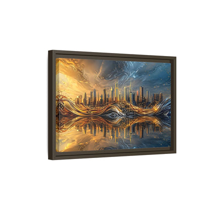Side Mockup 5. Abstract Cityscape Gold And Blue Cityscape shown as stretched canvas wall art