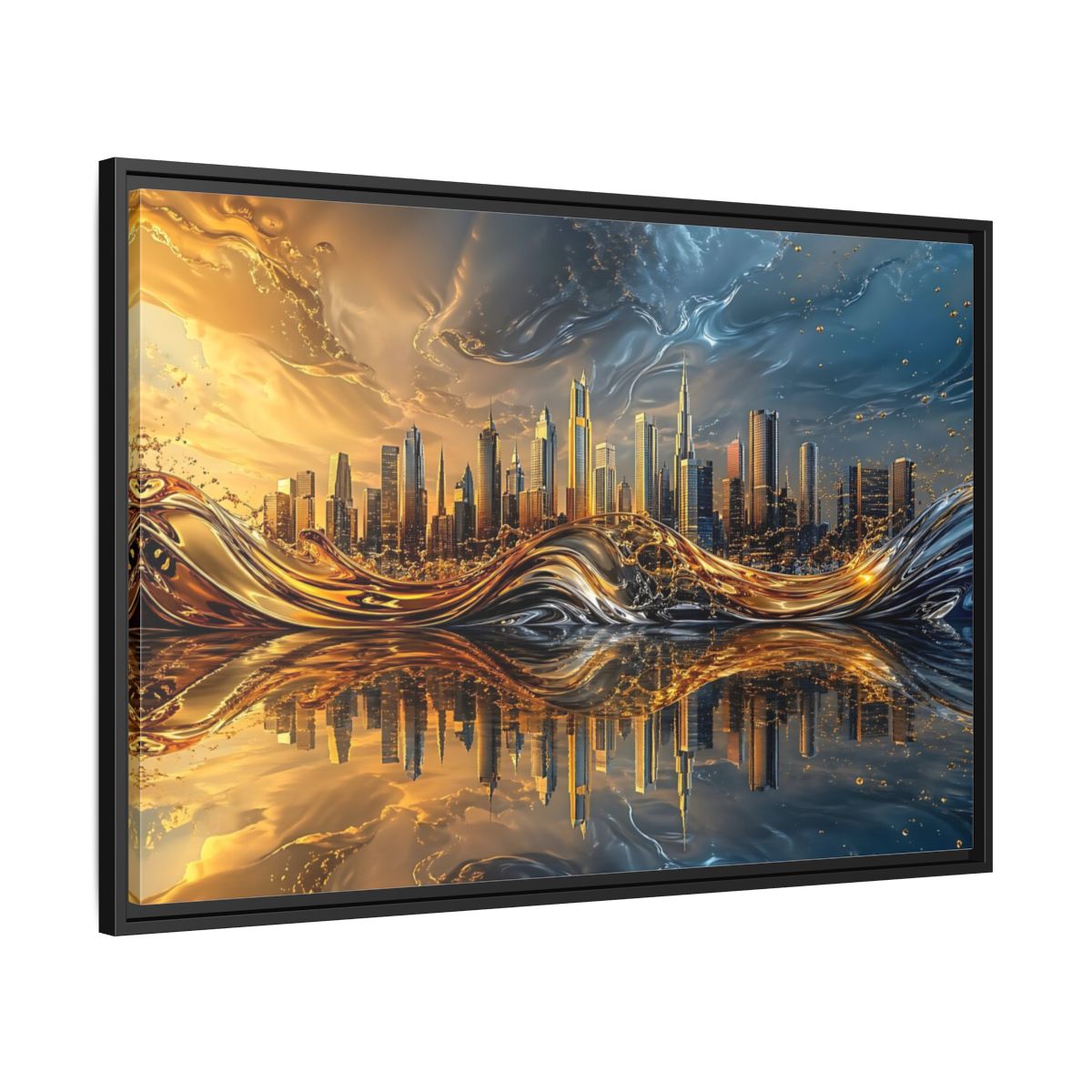 Side Mockup 13. Abstract Cityscape Gold And Blue Cityscape shown as stretched canvas wall art