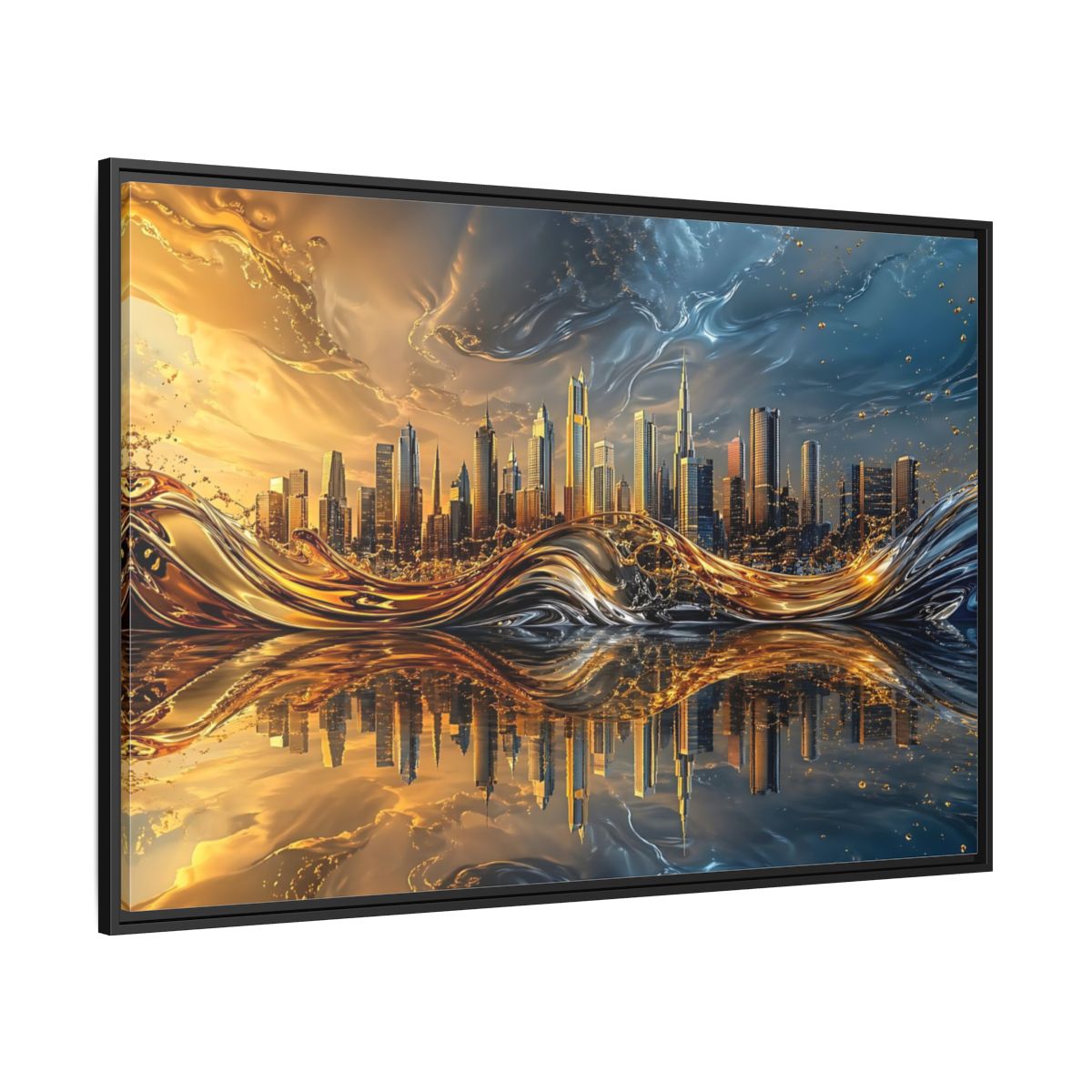 Side Mockup 12. Abstract Cityscape Gold And Blue Cityscape shown as stretched canvas wall art