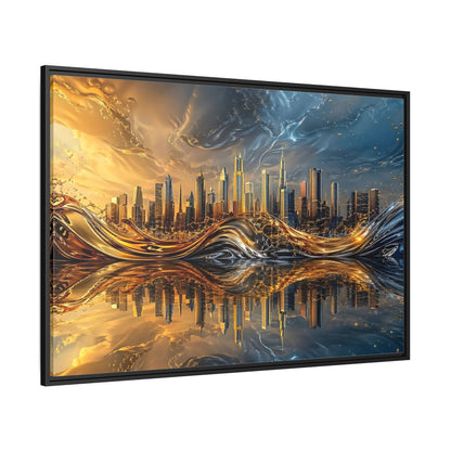 Side Mockup 12. Abstract Cityscape Gold And Blue Cityscape shown as stretched canvas wall art