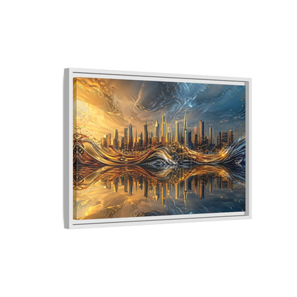 Side Mockup 1. Abstract Cityscape Gold And Blue Cityscape shown as stretched canvas wall art