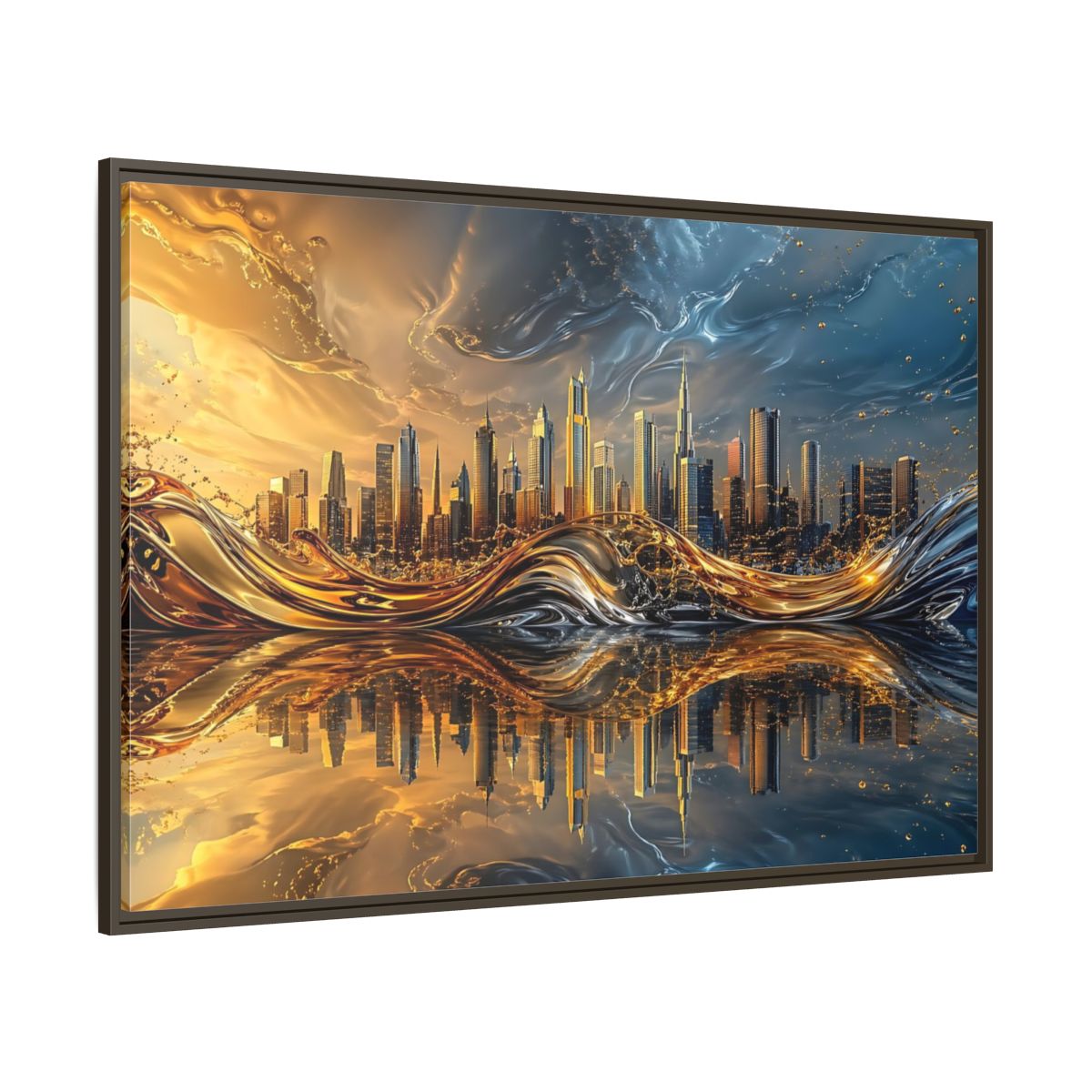 Side Mockup 8. Abstract Cityscape Gold And Blue Cityscape shown as stretched canvas wall art