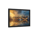 Side Mockup 6. Abstract Cityscape Gold And Blue Cityscape shown as stretched canvas wall art