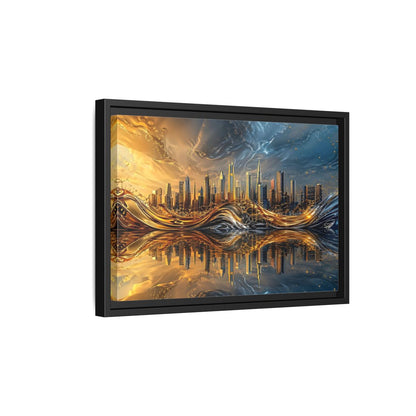 Side Mockup 6. Abstract Cityscape Gold And Blue Cityscape shown as stretched canvas wall art