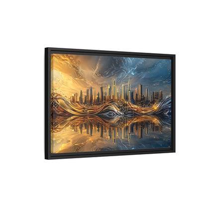 Side Mockup 3. Abstract Cityscape Gold And Blue Cityscape shown as stretched canvas wall art